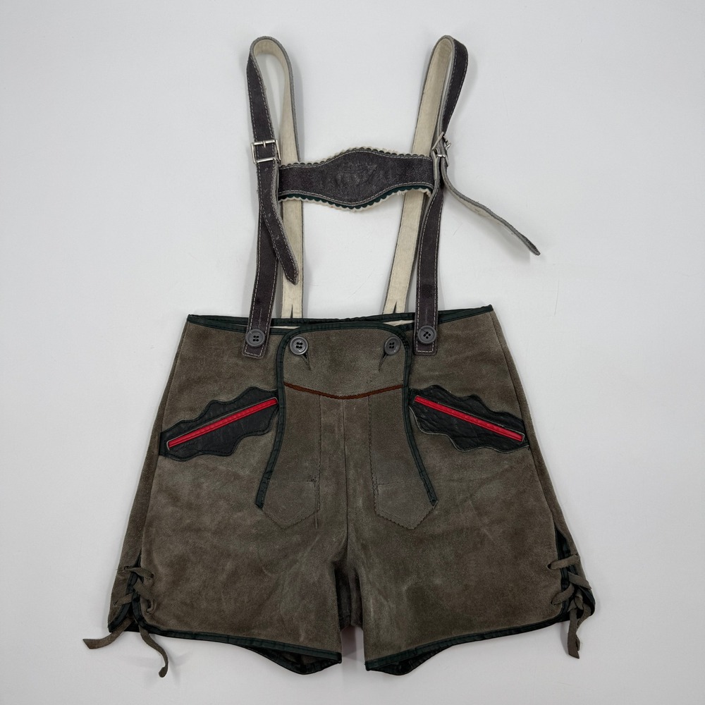 Vintage Lederhosen Kids Size 110 Grey Suede German Trachten Shorts Suspenders
